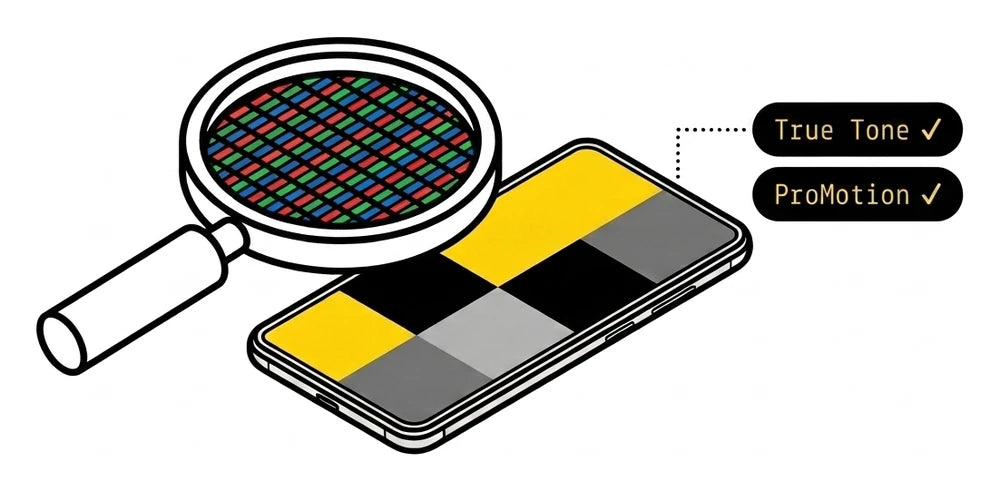 A pristine Soft OLED screen under a magnifier revealing its OLED pixel lattice — True Tone and ProMotion preserved.