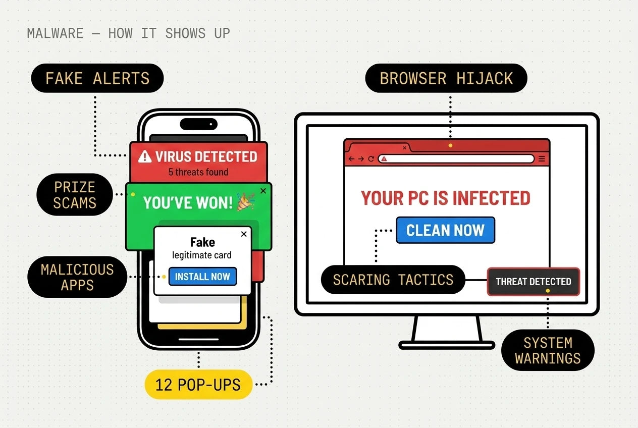 How malware shows up — a phone buried in fake virus pop-ups and a PC browser-hijack warning.
