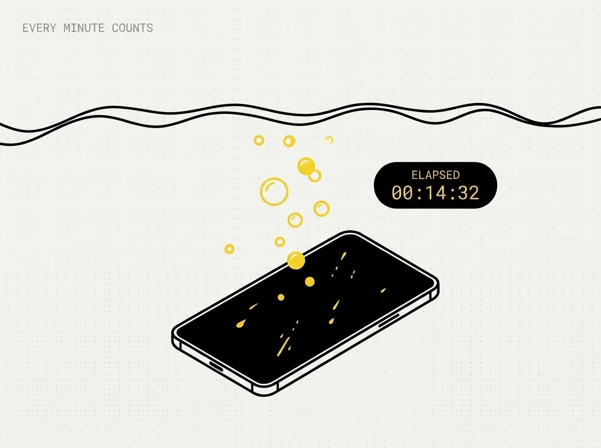 A phone submerged in water beside an elapsed-time counter — every minute counts.