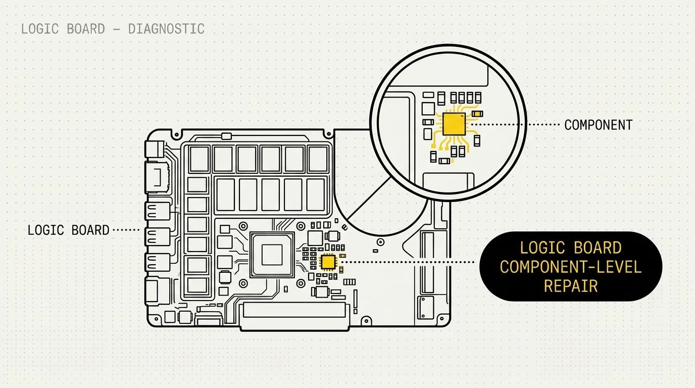 MacBook logic board with a single failed chip magnified for a board-level repair