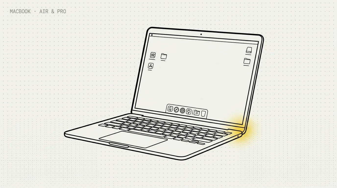 Line-art illustration of an open MacBook laptop
