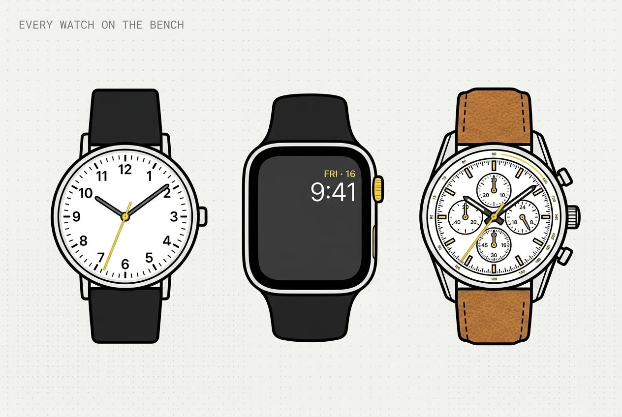 The watches we repair — a classic analog, a smartwatch and a chronograph.