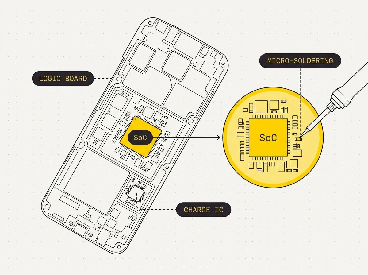 Samsung Galaxy logic board with a single failed chip magnified for a board-level repair