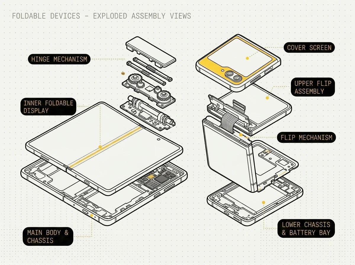 A Samsung Galaxy Z Fold opened flat beside a Z Flip, showing the foldable inner display and the hinge