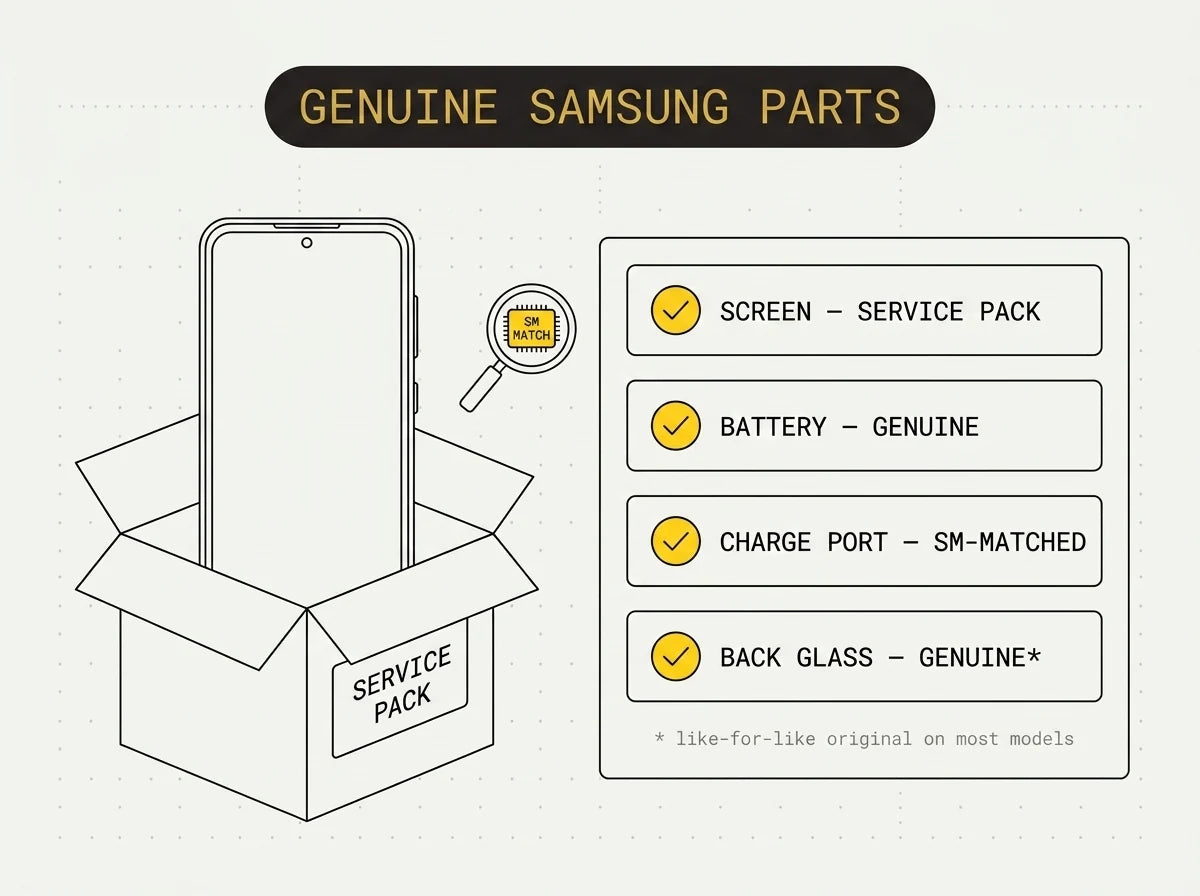 Genuine Samsung service-pack replacement parts — screen-and-frame assembly, battery, charging sub-board and camera module laid out
