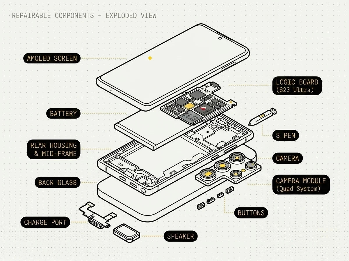 Exploded diagram of a Samsung Galaxy with the screen, battery, board, camera, USB-C port, speaker and buttons all labelled