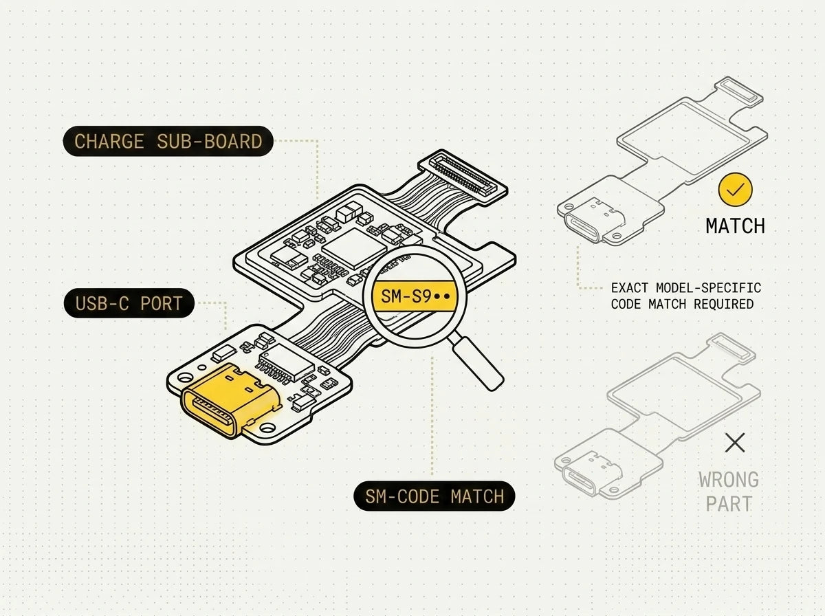 A Samsung charging-port sub-board (charge flex) with its USB-C connector, matched to the phone's exact SM model code