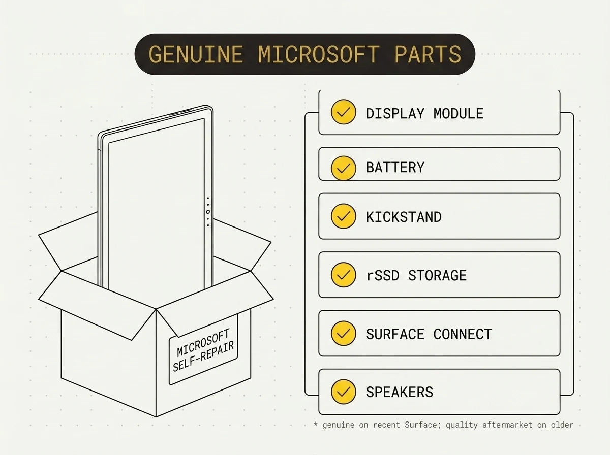 Genuine Microsoft Surface replacement parts — display module, battery, removable SSD, kickstand and Surface Connect port laid out