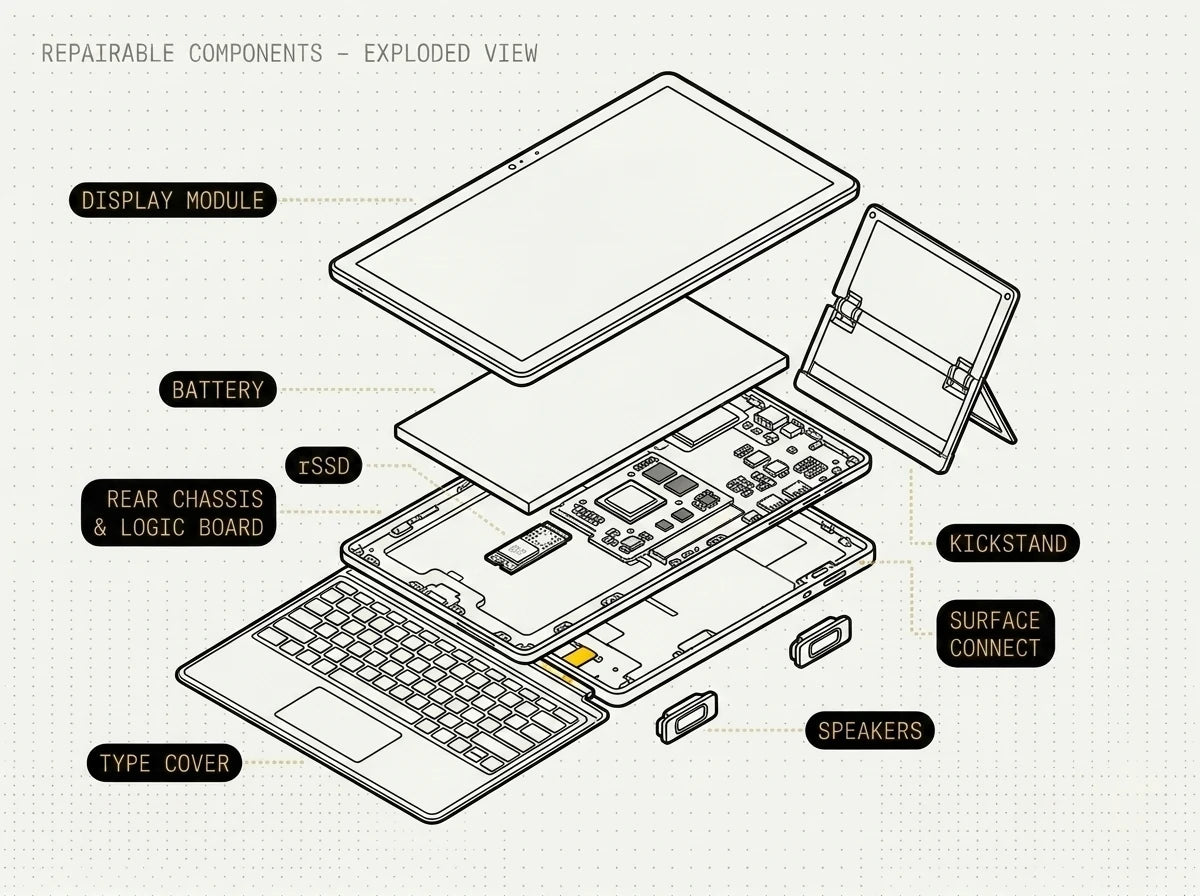 Exploded diagram of a Microsoft Surface Pro with the display module, battery, removable SSD, motherboard, kickstand, Surface Connect port and speakers all labelled