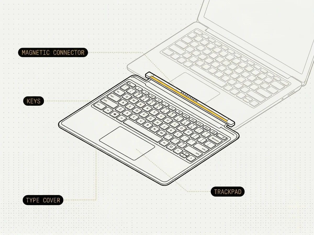 A Microsoft Surface with its detachable Type Cover keyboard and trackpad, plus a Surface Laptop keyboard