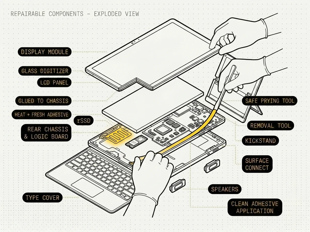 A Microsoft Surface fused LCD-and-digitizer display module lifted with heat and refitted on fresh adhesive