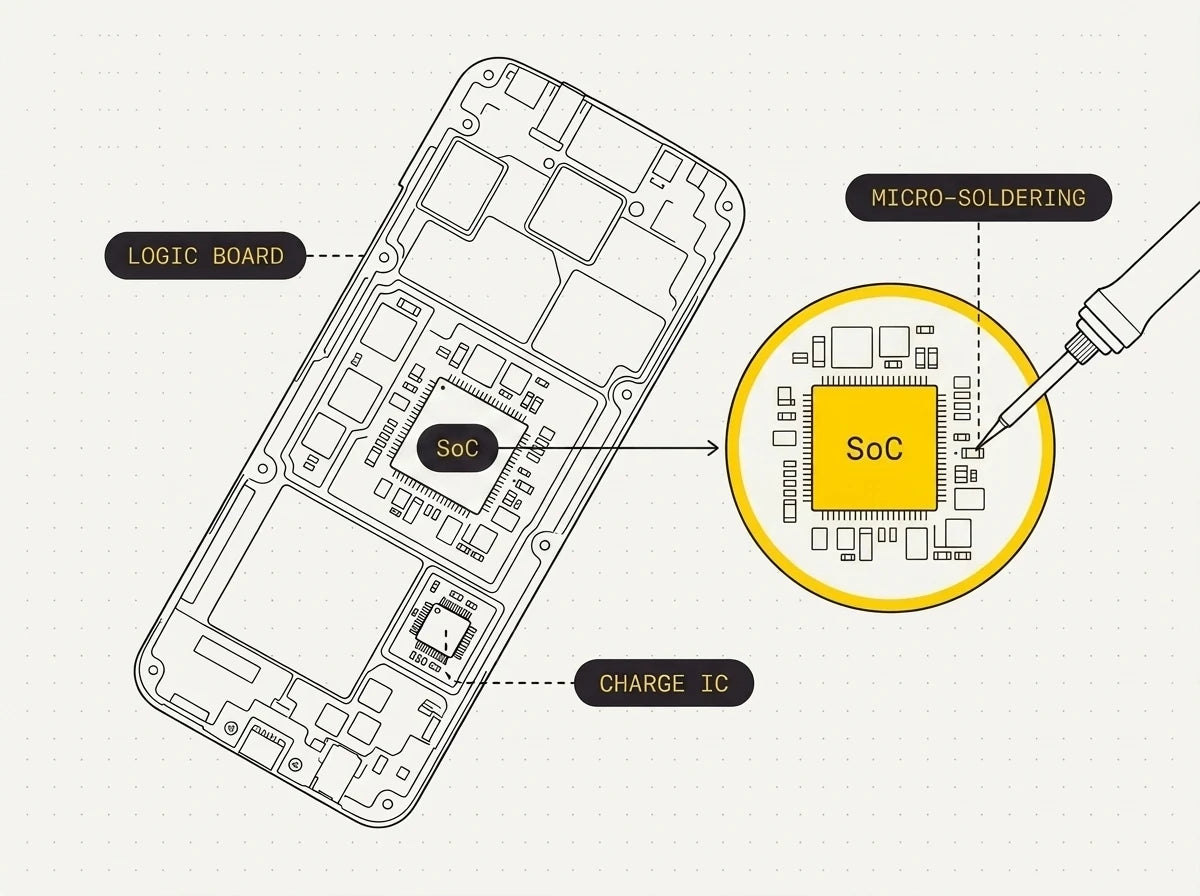 Samsung Galaxy Tab logic board with a single failed chip magnified for a board-level repair