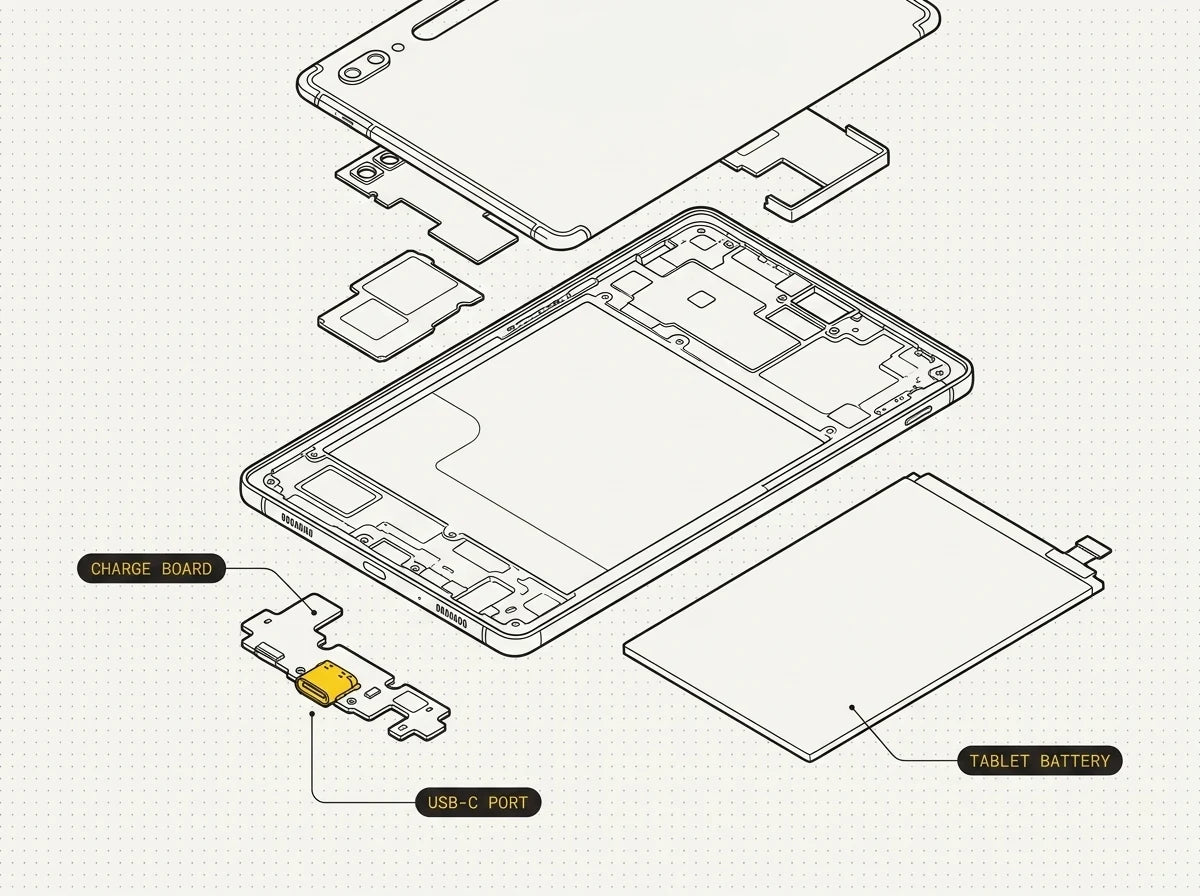 A Samsung Galaxy Tab USB-C charging port and large battery cell, matched to the tablet's exact model