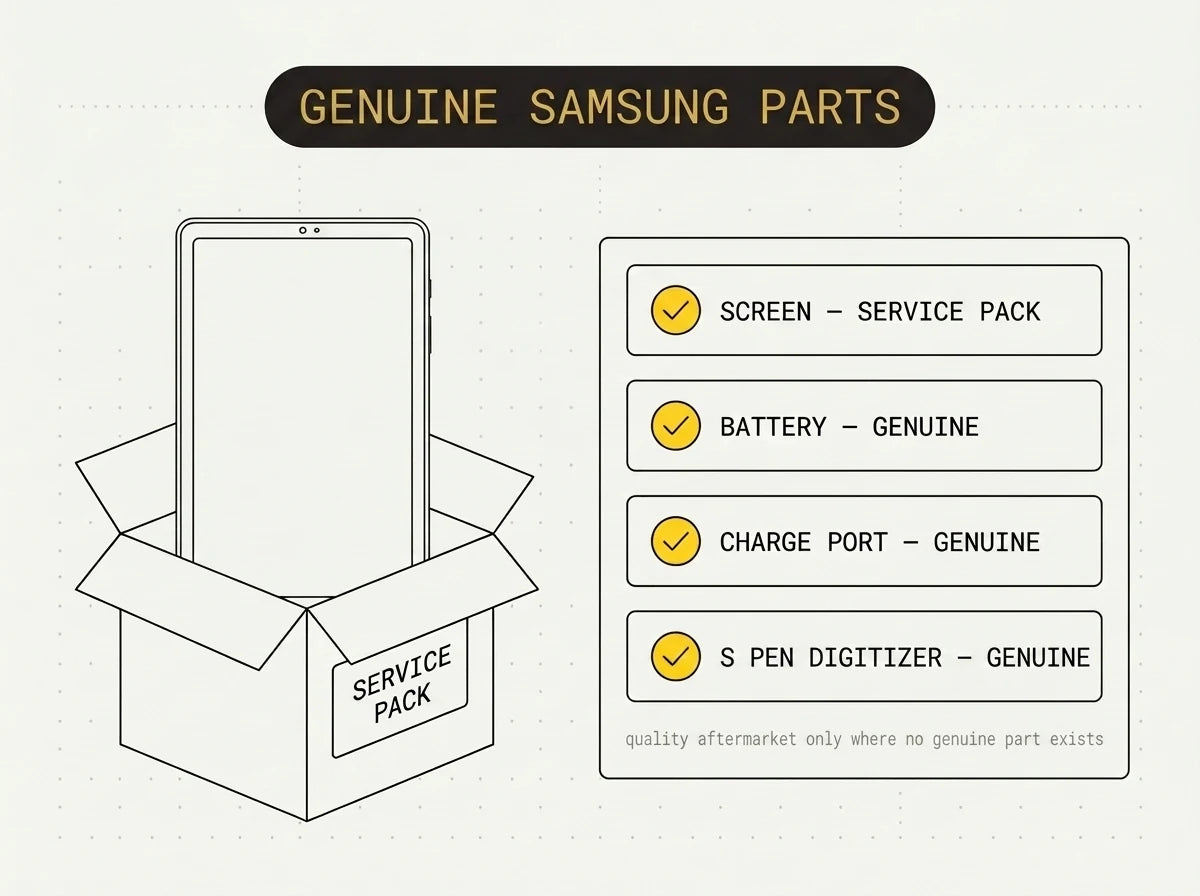Genuine Samsung service-pack Galaxy Tab replacement parts — large display assembly, battery, USB-C charging port and camera module laid out