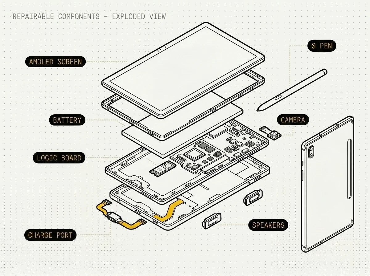 Exploded diagram of a Samsung Galaxy Tab with the large screen, battery, board, camera, USB-C port, speakers, S Pen and buttons all labelled