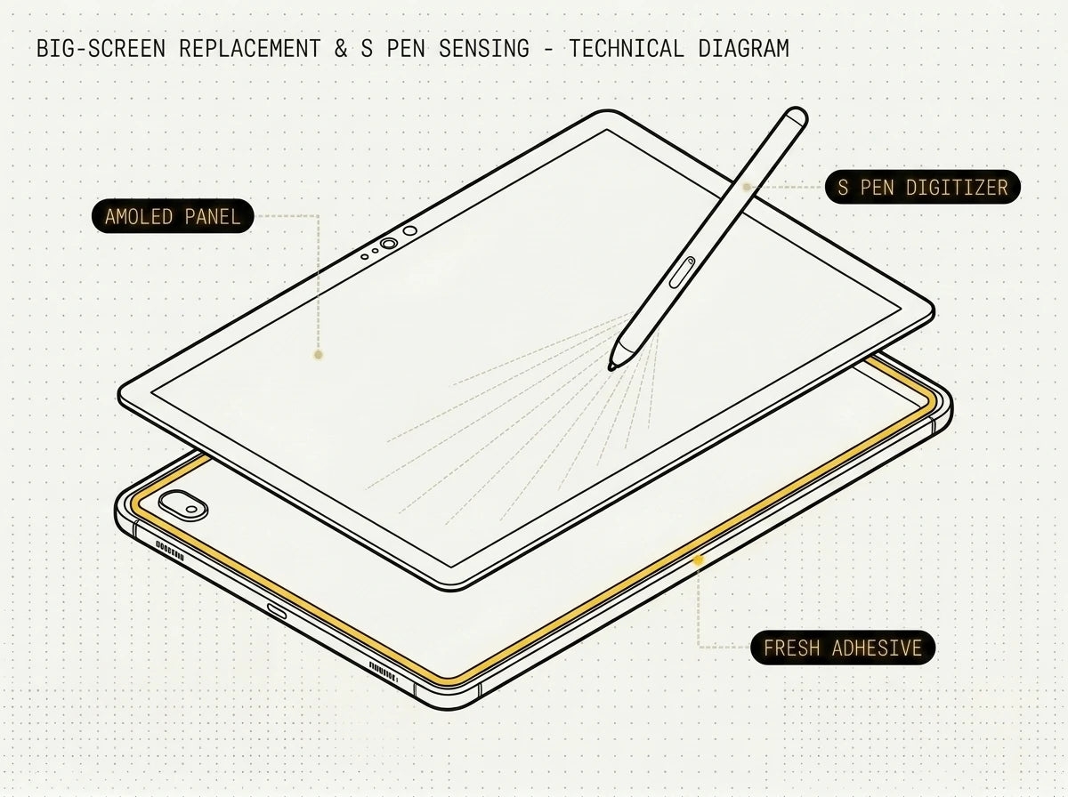 A Samsung Galaxy Tab with its large display panel being replaced on the bench, the S Pen resting alongside